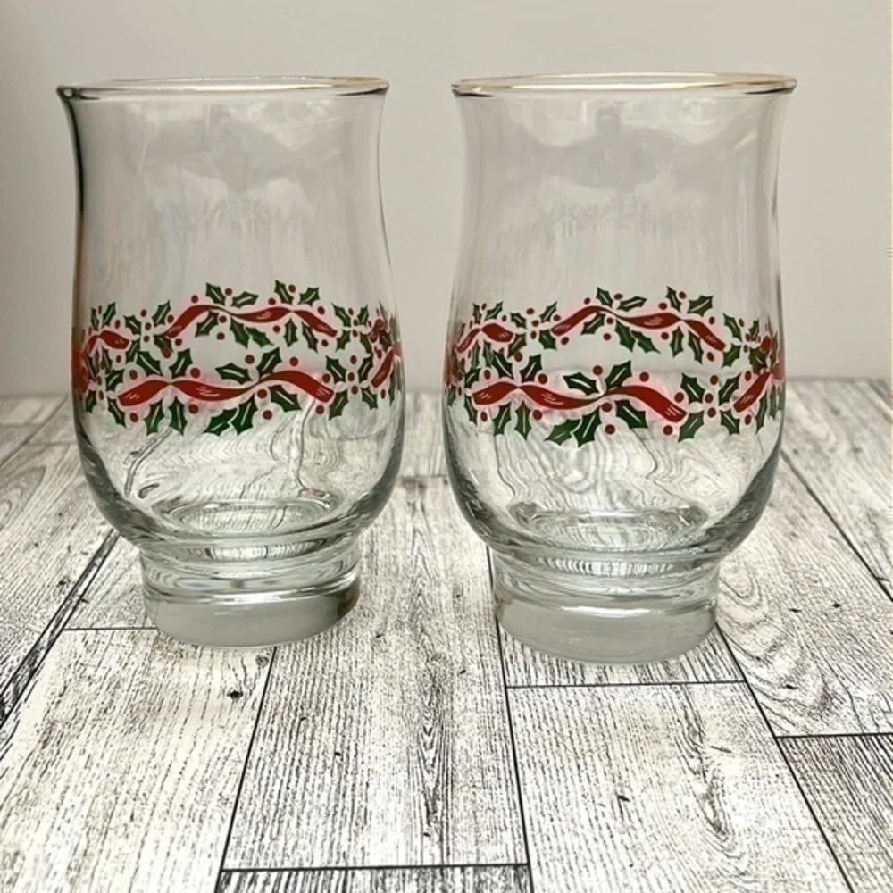 Libbey Holly Berry Gold Rim Glasses Set of 2